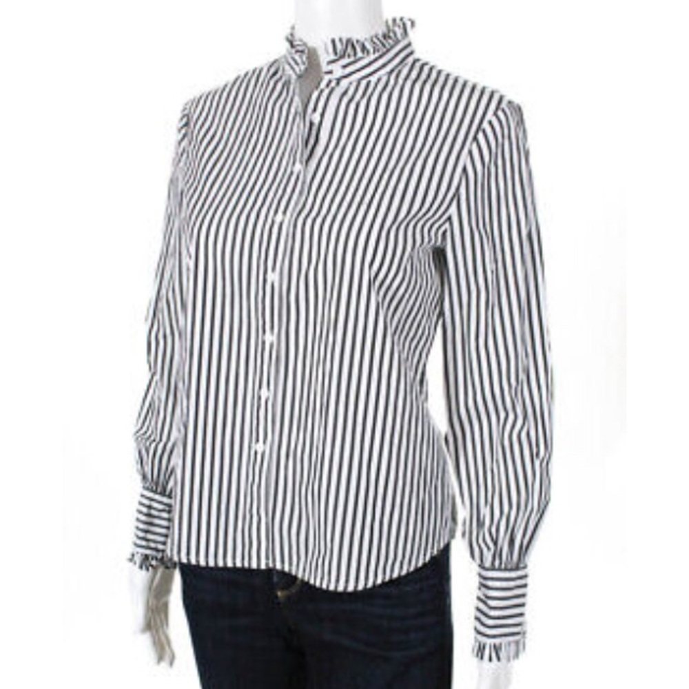 BB Dakota Womens Long Sleeve Ruffle Striped Button Up Blouse White Gray Size S